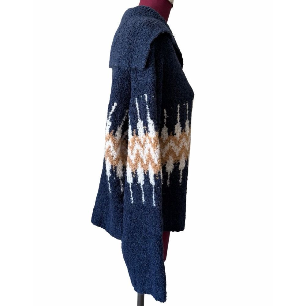 J Crew Sweater Fair Isle Johnny-Collar Boucle Yarn Wool Blend Navy Blue size Med - Picture 9 of 9